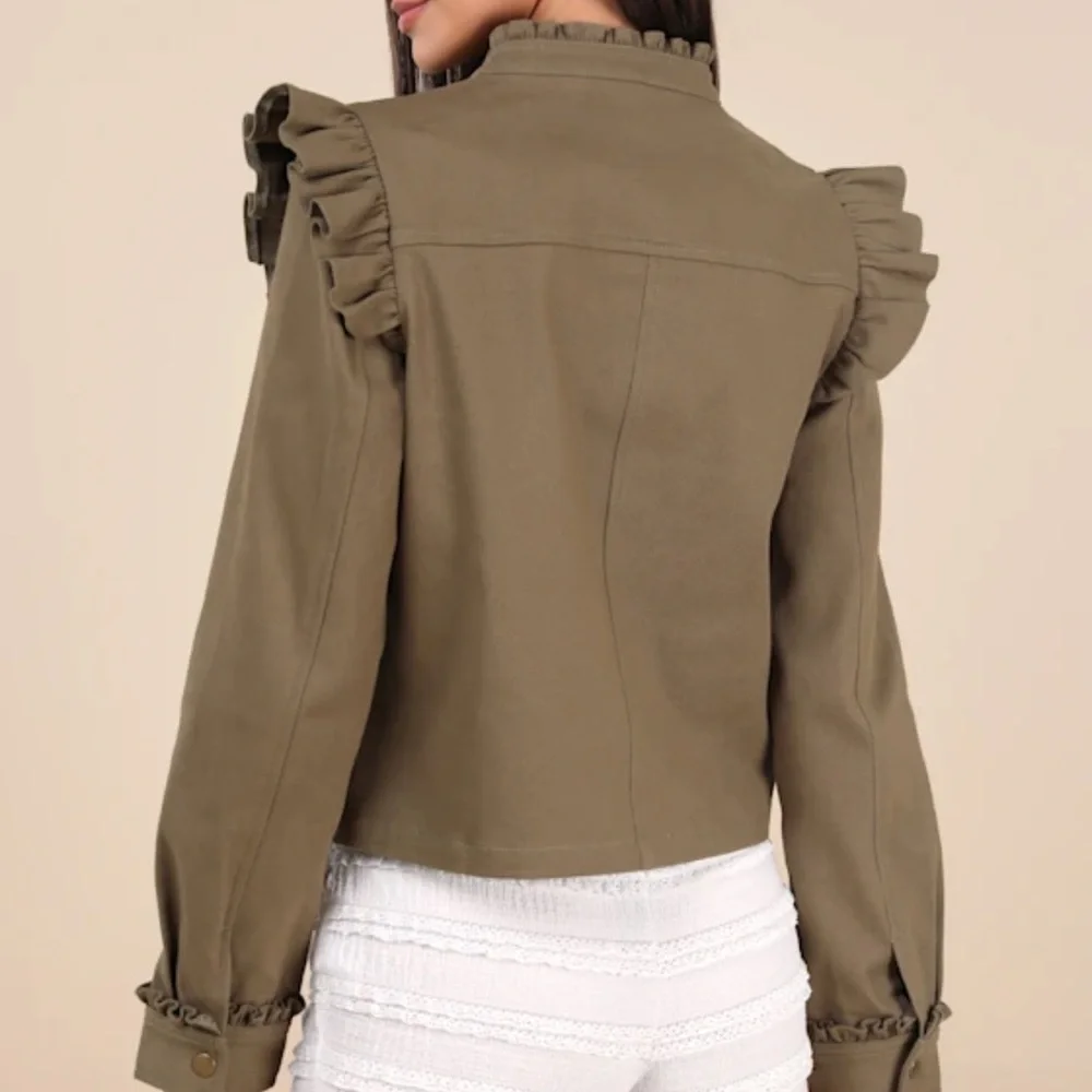 Lulu’s Olive Ruffle Trim Utility Jacket - Picture 2 of 6